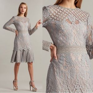 CREWNECK LONG-SLEEVE TIERED LACE A-LINE DRESS IN NAVY/PETAL